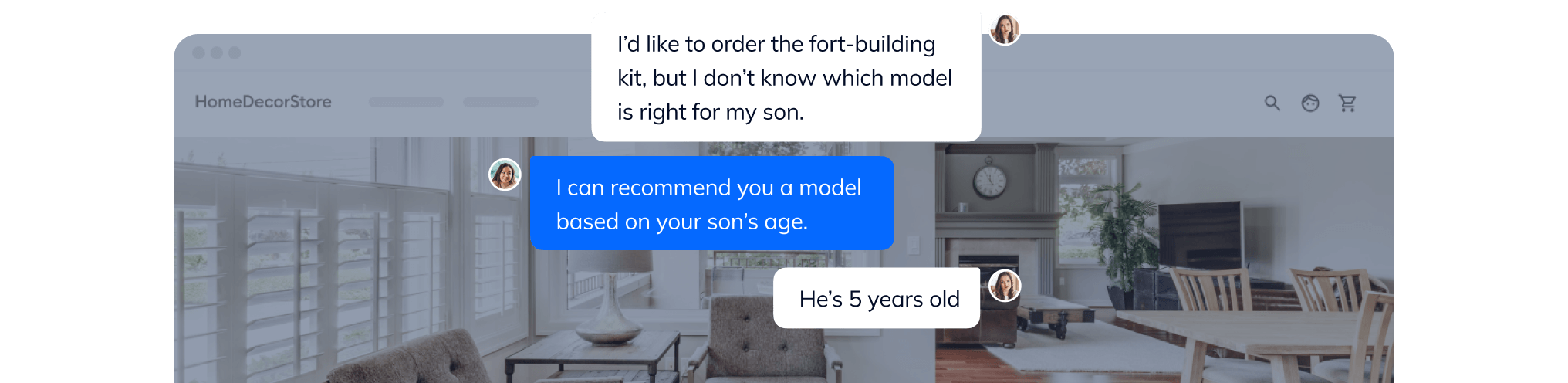 Tidio AI chatbot on an ecommerce site answering a shopper's product question about which fort-building kit is right for their child