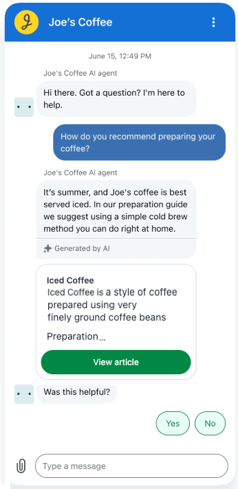 Zendesk AI agent handling a customer support question about coffee preparation in a live chat widget