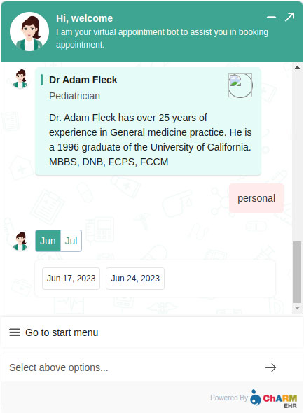 Healthcare chatbot showing available appointment time slots for patient booking