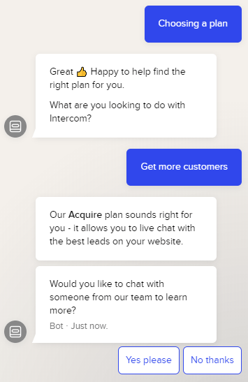 Intercom chatbot widget on a pricing page engaging a visitor with qualification questions