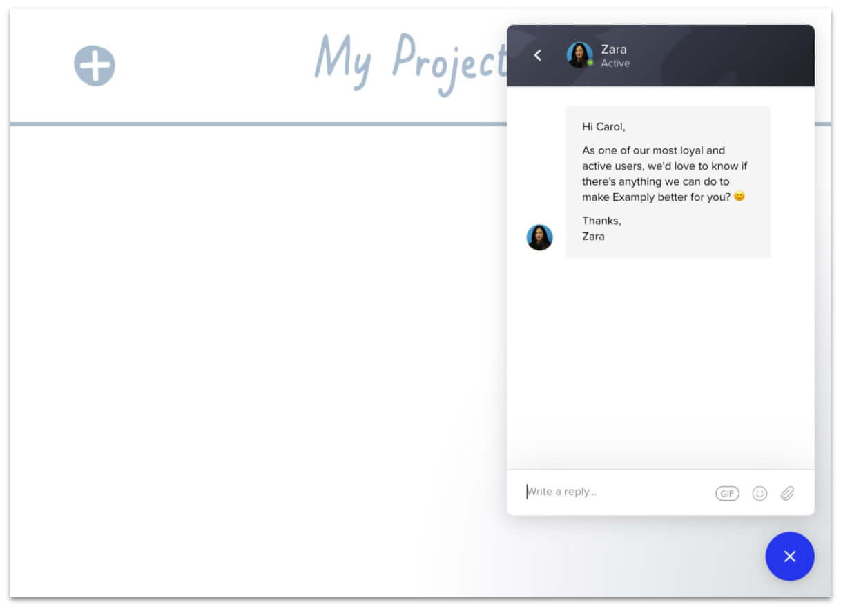 In-app chat message proactively engaging a user during a SaaS product onboarding session