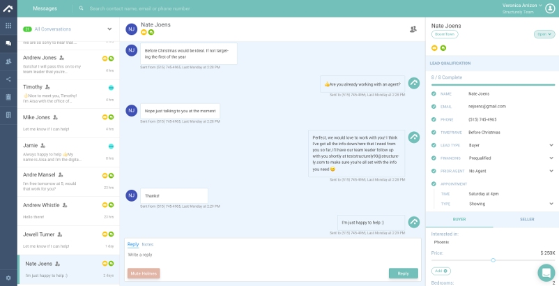 Structurely real estate AI chatbot dashboard showing lead conversations and qualification status
