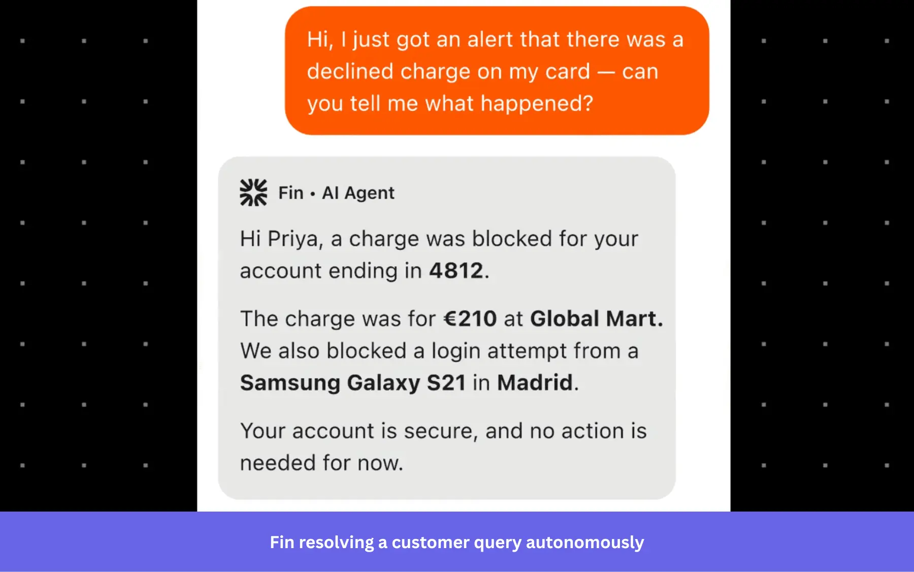 Intercom's Fin AI agent resolving a declined credit card charge query for a SaaS customer, providing account details and reassurance instantly