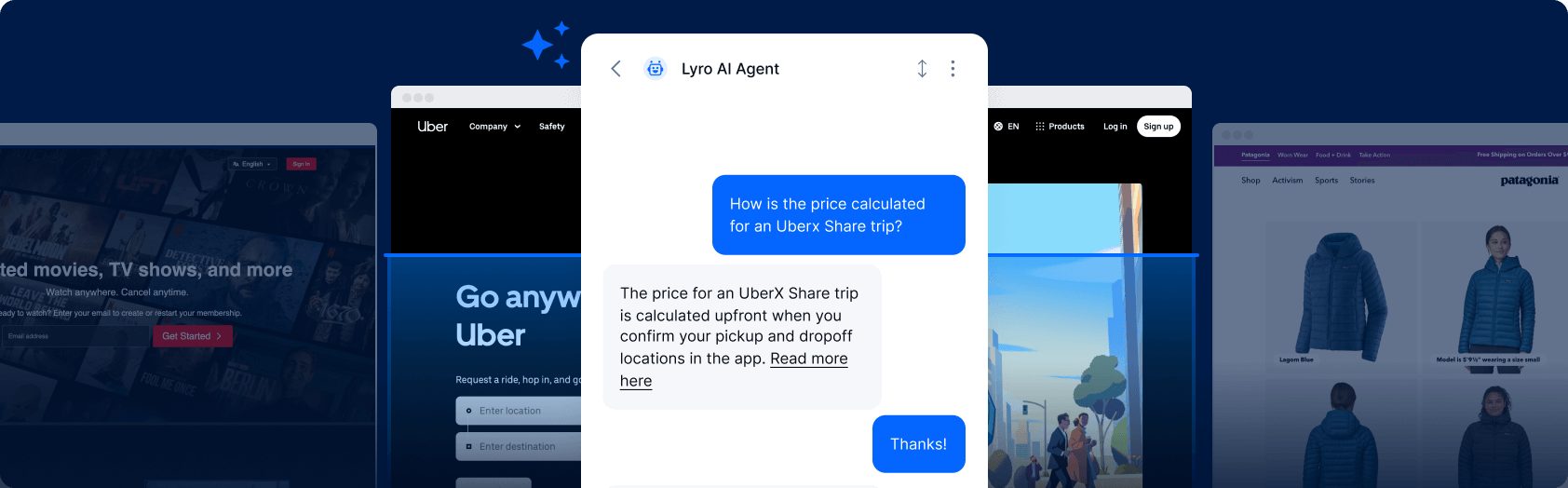 Tidio's Lyro AI chatbot answering a customer question about Uber trip pricing with a clear, specific response