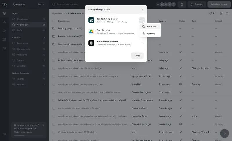 Voiceflow knowledge base content import interface showing URL, document, and text input options