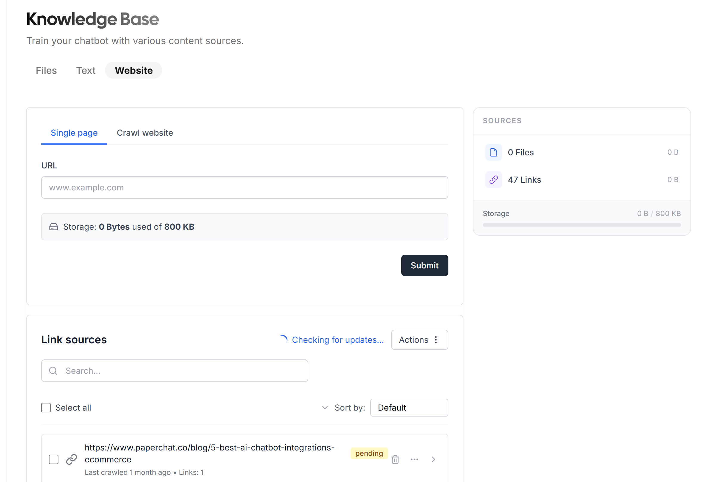 Adding a website URL as a training source in the Paperchat dashboard